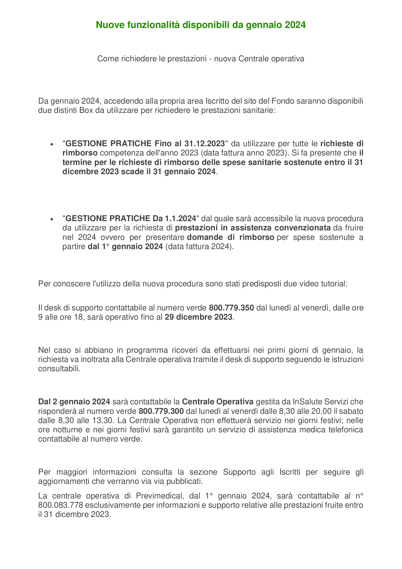 Nuove funzionalita disponibili da gennaio 2024